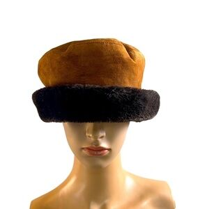 Eric Javits Brown Faux Fur Trim Water-Repellent Russian Suede Hat Lg Retro Cozy